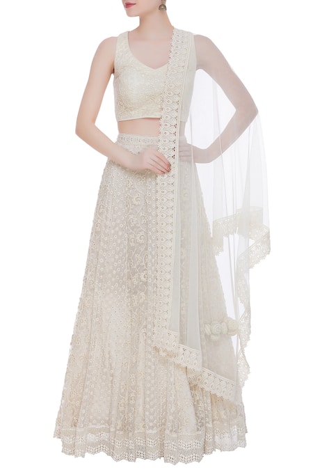 Vandana Sethi White V Neck Chikankari Lehenga Set  