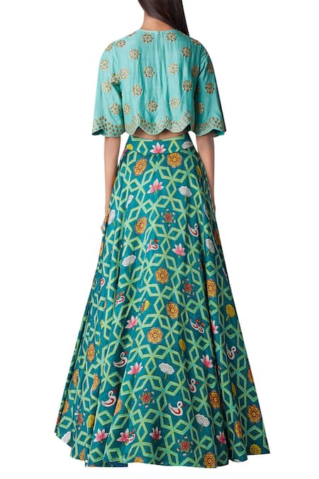 Shop_Swati Vijaivargie_Blue Round Linen Satin Lehenga Set _at_Aza_Fashions