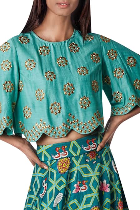 Swati Vijaivargie_Blue Round Linen Satin Lehenga Set _Online_at_Aza_Fashions