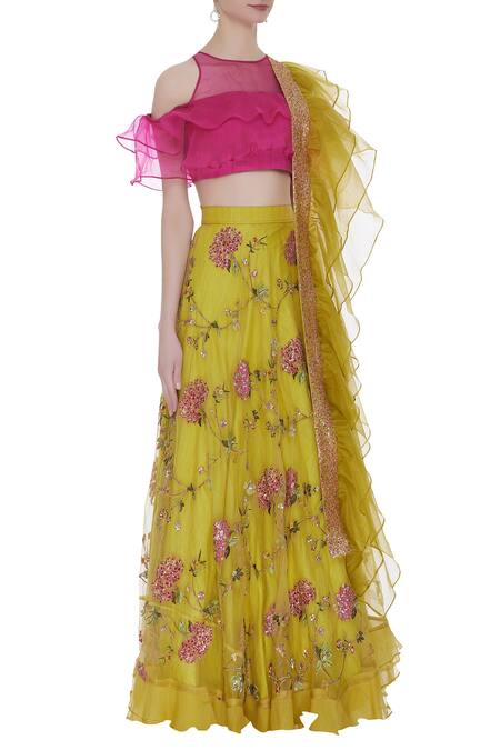 Pranay Baidya_Yellow Raw Silk, Organza, Cotton Silk, Tafetta Cutdana, Beads Ruffle Lehenga Set _Online_at_Aza_Fashions
