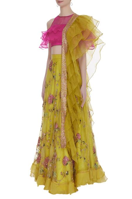 Buy_Pranay Baidya_Yellow Raw Silk, Organza, Cotton Silk, Tafetta Cutdana, Beads Ruffle Lehenga Set _Online_at_Aza_Fashions