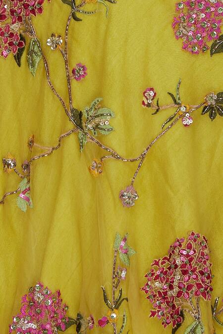 Shop_Pranay Baidya_Yellow Raw Silk, Organza, Cotton Silk, Tafetta Cutdana, Beads Ruffle Lehenga Set _Online_at_Aza_Fashions