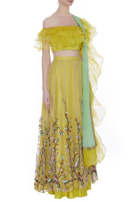 Pranay Baidya_Yellow Raw Silk, Organza, Embroidered Lehenga With Frill Blouse And Dupatta _Online_at_Aza_Fashions