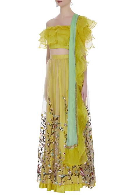 Buy_Pranay Baidya_Yellow Raw Silk, Organza, Embroidered Lehenga With Frill Blouse And Dupatta _Online_at_Aza_Fashions
