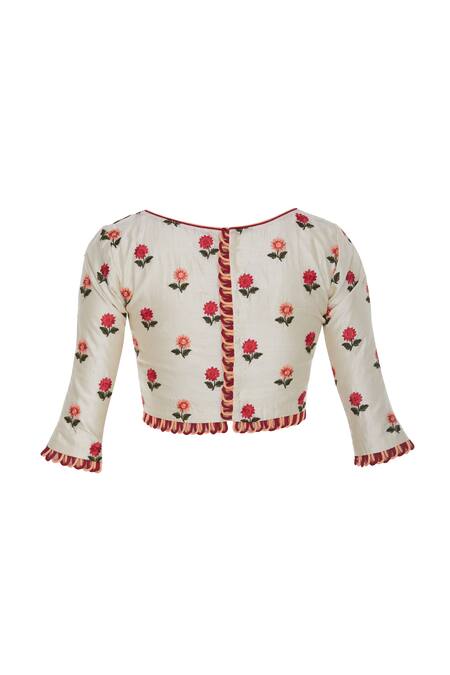 Pranay Baidya_White , Cotton Cutdana, Beads Round Floral Embroidered Blouse _Online_at_Aza_Fashions