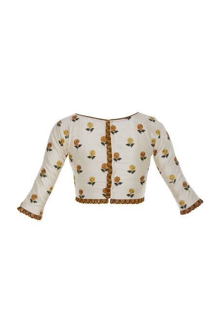 Pranay Baidya_White , Cotton Cutdana, Beads Square Neck Floral Embroidered Blouse _Online_at_Aza_Fashions