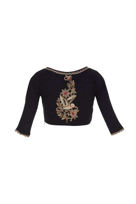 Pranay Baidya_Black , Silk Cutdana, Beads Square Embroidered And Textured Blouse _Online_at_Aza_Fashions