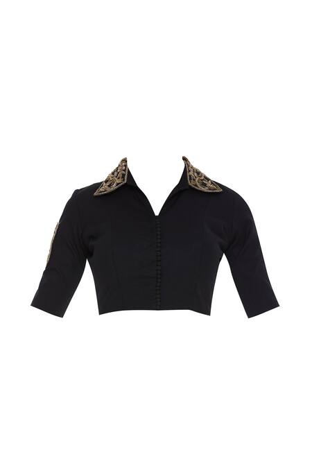 Shop Pranay Baidya Black Collared Neck Embroidered Blouse at Aza Fashions Shop_Pranay Baidya_Black Collared Neck Embroidered Blouse_at_Aza_Fashions