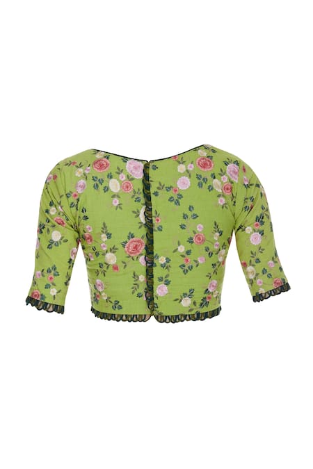 Pranay Baidya_Green Chanderi, Cotton Silk Cutdana, Beads Embroidered Floral Motif Blouse _Online_at_Aza_Fashions