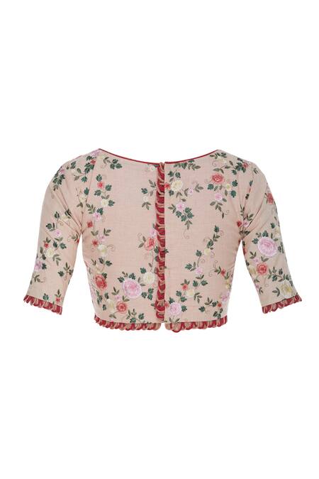 Pranay Baidya_Pink Chanderi, Cotton Silk Cutdana, Beads Square Neck Floral Embroidered Blouse _Online_at_Aza_Fashions