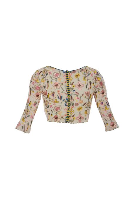 Pranay Baidya_Multi Color , Silk Cutdana, Beads Square Hand Embroidered Blouse _Online_at_Aza_Fashions