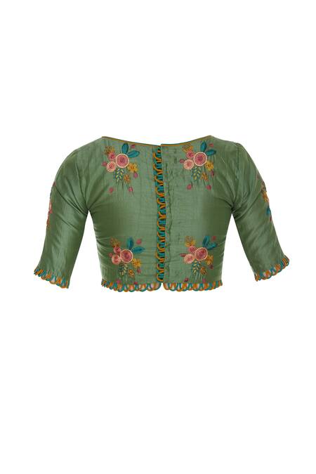 Pranay Baidya_Green , Cotton Cutdana, Beads Square Neck Thread Embroidered Blouse _Online_at_Aza_Fashions