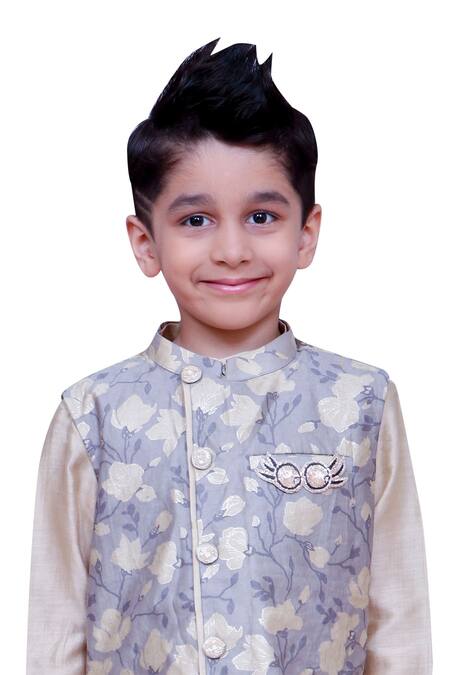 Kirti Agarwal - Pret N Couture_Beige Chanderi Silk, Cotton Brooches, Kurta With Printed Jacket And Pants _Online_at_Aza_Fashions