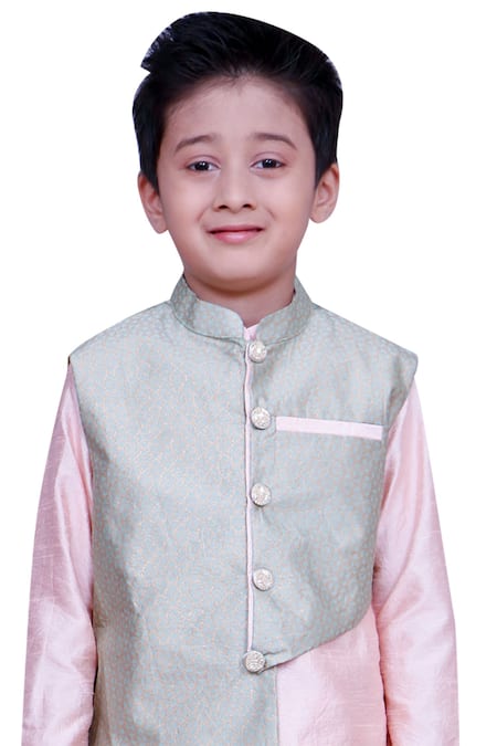 Kirti Agarwal - Pret N Couture_Peach Chanderi Silk, Cotton Foil Printing Kurta With Jacket And Salwar _Online_at_Aza_Fashions