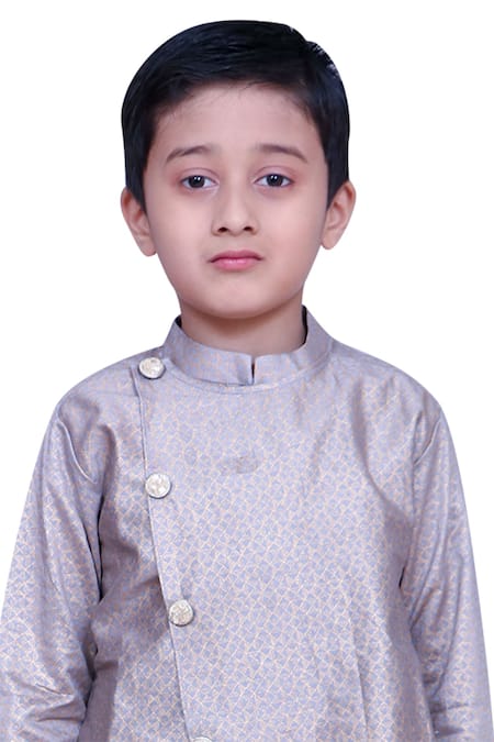 Kirti Agarwal - Pret N Couture_Silver Chanderi, Cotton Foil Printing Operlap Style Kurta With Churidar _Online_at_Aza_Fashions