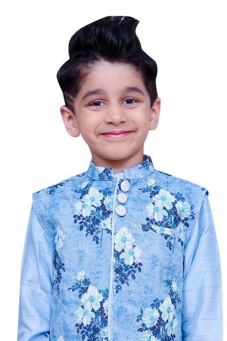 Kirti Agarwal - Pret N Couture_Blue Silk Kurta With Printed Jacket And Churidar _Online_at_Aza_Fashions