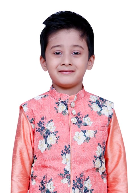 Kirti Agarwal - Pret N Couture_Peach Silk Embroidery Floral Printed Jacket With Kurta And Churidar _Online_at_Aza_Fashions