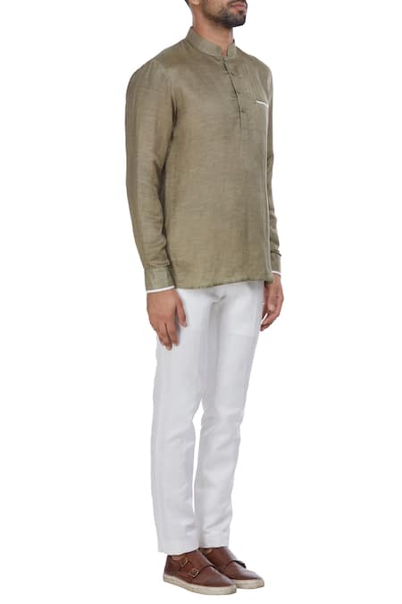 Mapxencars_Grey Linen Short Kurta _Online_at_Aza_Fashions
