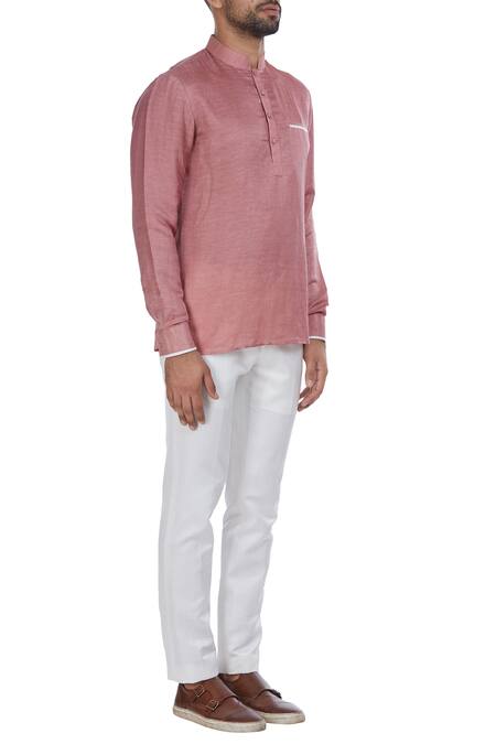 Mapxencars_Pink Linen Short Kurta_Online_at_Aza_Fashions