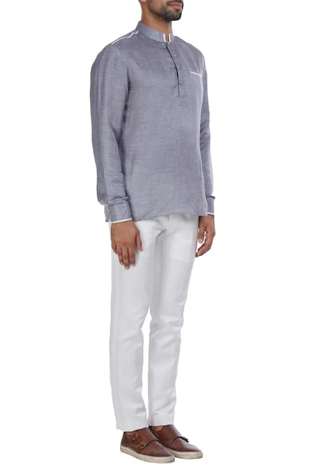 Mapxencars_Grey Linen Short Kurta_Online_at_Aza_Fashions