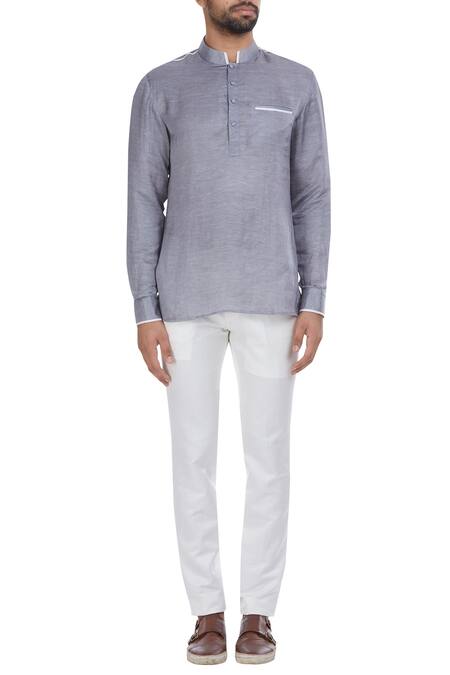 Shop_Mapxencars_Grey Linen Short Kurta_Online_at_Aza_Fashions