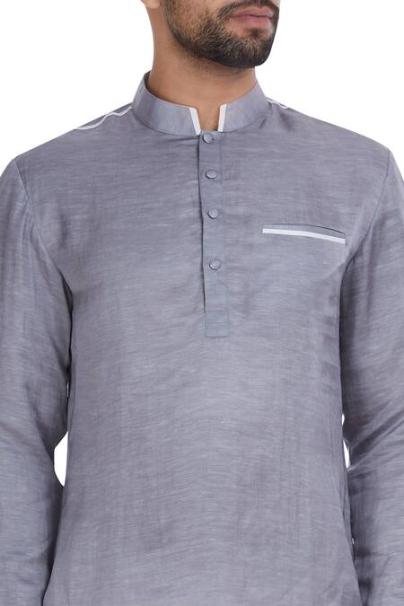 Mapxencars_Grey Linen Short Kurta_at_Aza_Fashions