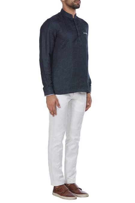 Mapxencars_Black Linen Short Kurta_Online_at_Aza_Fashions