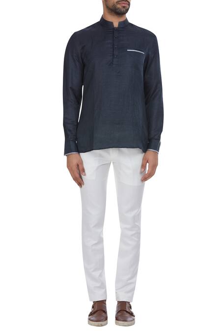 Shop_Mapxencars_Black Linen Short Kurta_Online_at_Aza_Fashions