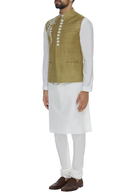 Kommal Sood_Brown Cotton Silk Embroidered Beads Kurta Set With Bandhgala  _Online_at_Aza_Fashions