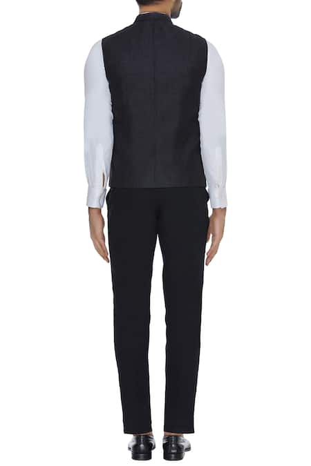 Shop Kommal Sood Black Cotton Embroidered Shirt And Trousers Paired With Silk Waistcoat at Aza Fashions Shop_Kommal Sood_Black Cotton Embroidered Shirt And Trousers Paired With Silk Waistcoat _at_Aza_Fashions
