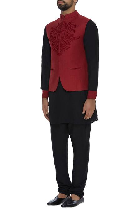 Kommal Sood_Black Linen Embroidered Beads Kurta Set With Bandhgala _Online_at_Aza_Fashions