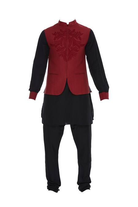 Buy_Kommal Sood_Black Linen Embroidered Beads Kurta Set With Bandhgala _Online_at_Aza_Fashions