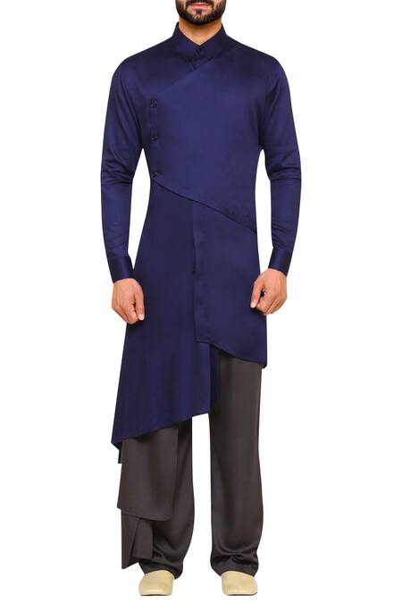 Shop Amaare Blue Wrap Asymmetric Hem Kurta With Pants Online at Aza Fashions Shop_Amaare_Blue Wrap Asymmetric Hem Kurta With Pants_Online_at_Aza_Fashions