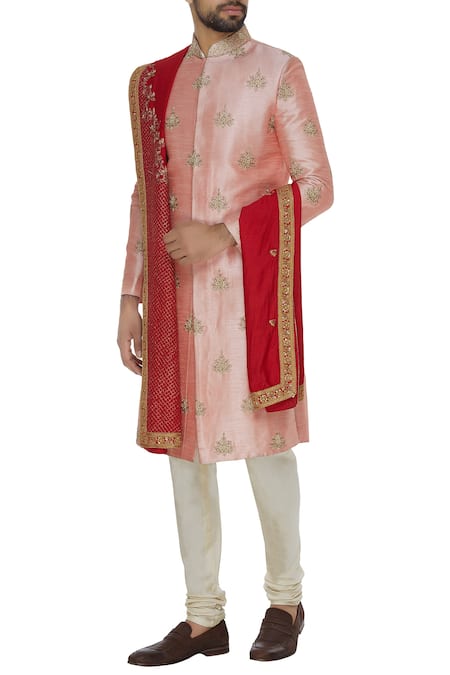 Kommal Sood Peach Raw Silk Embroidered Beads Sherwani With Stole For Men