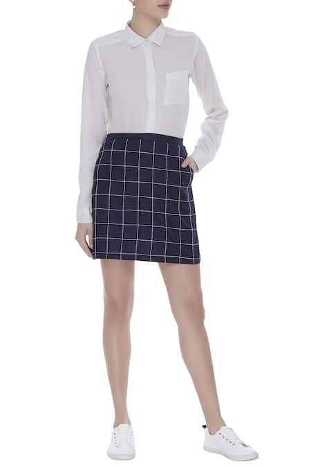 Buy Blue Linen Checkered Skirt For Women by Chambray & Co. Online