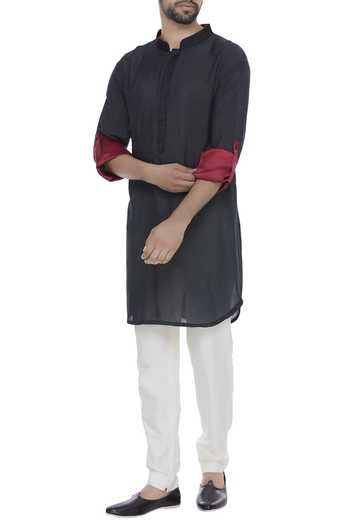 Buy Bhusattva Black Nehru Collar Kurta With Roll Up Sleeves at Aza Fashions Buy_Bhusattva_Black Nehru Collar Kurta With Roll Up Sleeves_at_Aza_Fashions