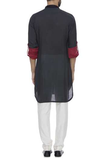 Shop Bhusattva Black Nehru Collar Kurta With Roll Up Sleeves at Aza Fashions Shop_Bhusattva_Black Nehru Collar Kurta With Roll Up Sleeves_at_Aza_Fashions