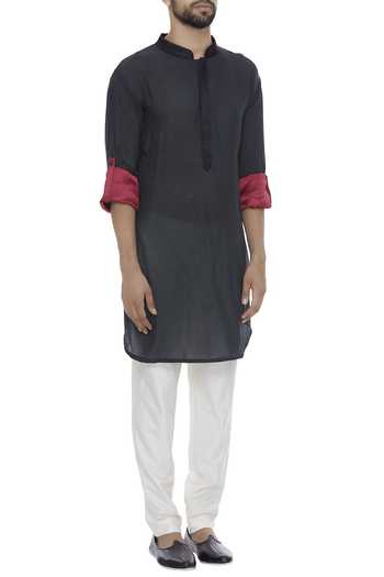 Bhusattva Black Nehru Collar Kurta With Roll Up Sleeves Online at Aza Fashions Bhusattva_Black Nehru Collar Kurta With Roll Up Sleeves_Online_at_Aza_Fashions