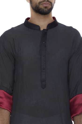 Shop Bhusattva Black Nehru Collar Kurta With Roll Up Sleeves Online at Aza Fashions Shop_Bhusattva_Black Nehru Collar Kurta With Roll Up Sleeves_Online_at_Aza_Fashions