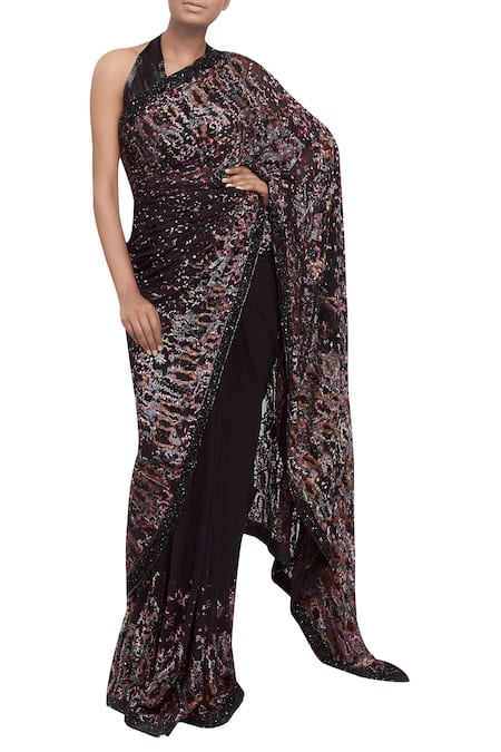 Nakul Sen Black Chiffon Saree With Halter Blouse