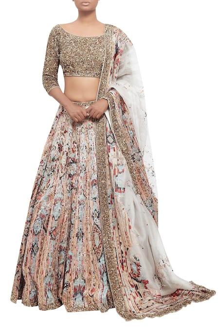 Nakul Sen Gold Organza Embroidered Thread Boat Sequin Blouse Bridal Lehenga Set  