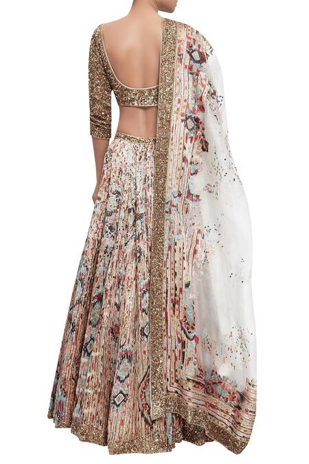 Shop_Nakul Sen_Gold Organza Thread, Motif Boat Sequin Blouse Bridal Lehenga Set_at_Aza_Fashions