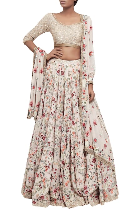 Nakul Sen Pink Floral Embroidered Organza Lehenga With Sequin Blouse And Dupatta