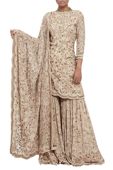 Nakul Sen Beige Chiffon Thread Mandarin Jamavar Floral Embroidered Kurta Set Online at Aza Fashions Nakul Sen_Beige Chiffon Thread Mandarin Jamavar Floral Embroidered Kurta Set_Online_at_Aza_Fashions