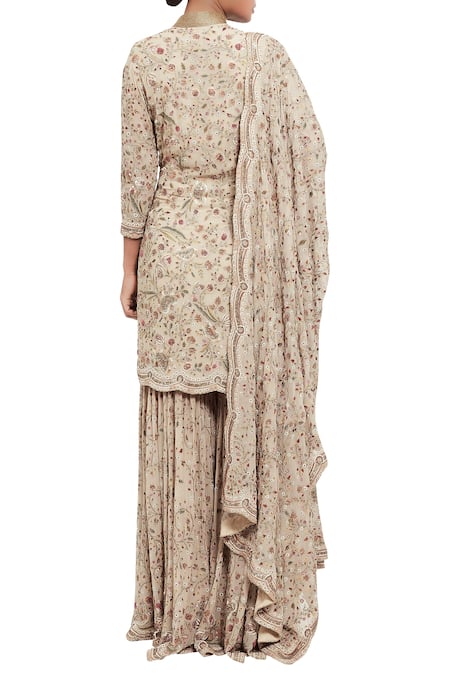 Shop Nakul Sen Beige Chiffon Thread Mandarin Jamavar Floral Embroidered Kurta Set at Aza Fashions Shop_Nakul Sen_Beige Chiffon Thread Mandarin Jamavar Floral Embroidered Kurta Set_at_Aza_Fashions