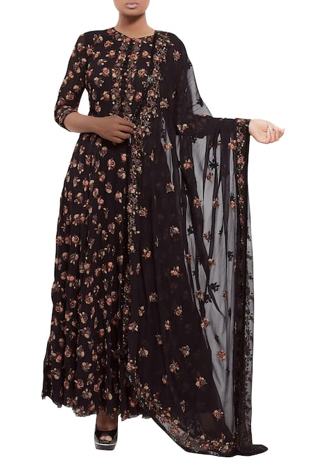 Nakul Sen_Black Hand Embroidered Floral Kalidar Kurta Set_Online_at_Aza_Fashions