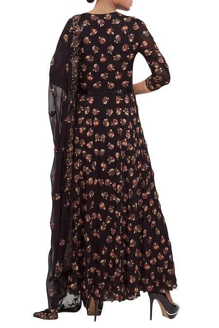 Shop_Nakul Sen_Black Hand Embroidered Floral Kalidar Kurta Set_at_Aza_Fashions