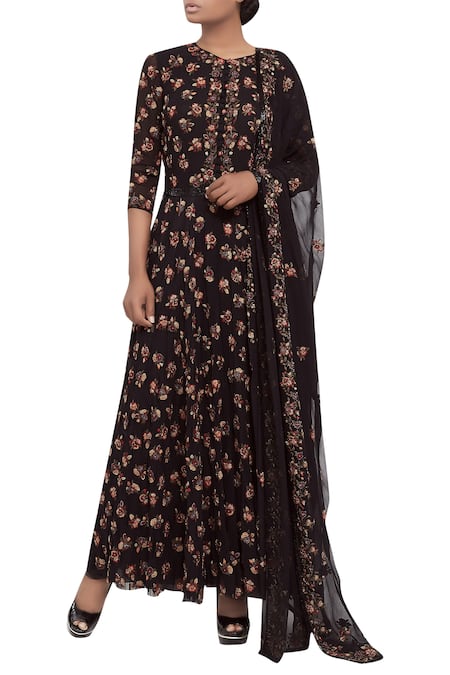 Nakul Sen Black Hand Embroidered Floral Kalidar Kurta Set