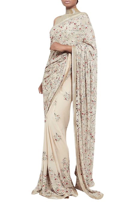 Nakul Sen Beige Kashmiri Dorukha Embroidered Saree With Blouse