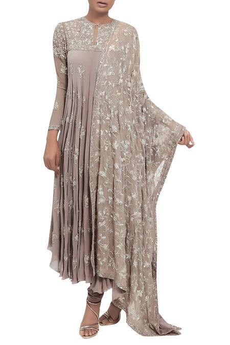 Nakul Sen Grey Chikankari Hand Embroidered Asymmetric Kurta Set